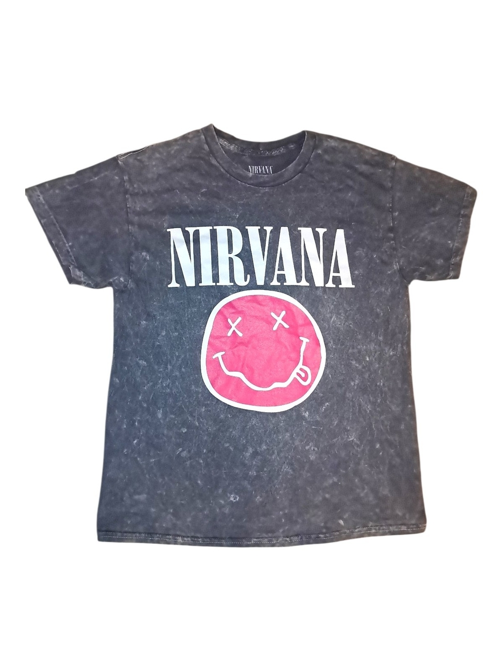 NIRVANA Black Mineral-Wash Tee with Pink Smiley Graphic